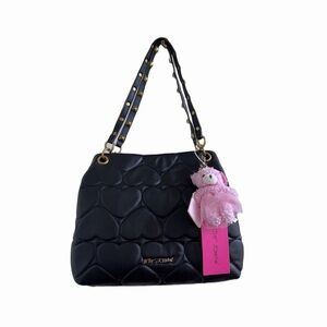 Betsey Johnson Xomia black heart quilted bag gold-tone hardware pink bear charm